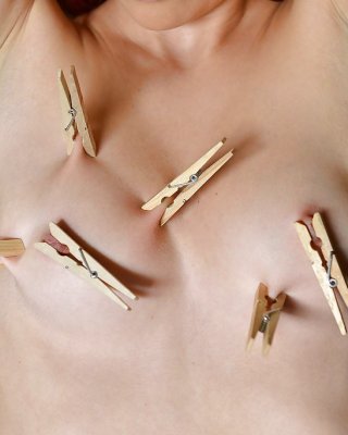 痩せた赤毛のBdsmモデル、ササナ・メロの乳房に取り付けられた洗濯ばさみ
 #50228317
