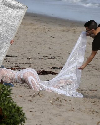 Cindy Crawford Braless Wearing A See Through Dress At The Photoshoot In Malibu