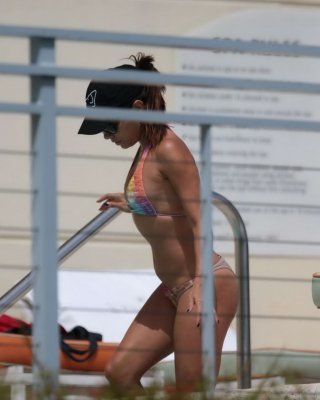 Eva Longoria Caught In A Tiny Colorful Bikini Poolside In Miami