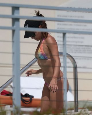 Eva Longoria Caught In A Tiny Colorful Bikini Poolside In Miami