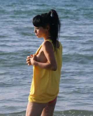 Bai Ling shows sideboob and pokies in wet tshirt and bikini bottom at the beach  #75179097