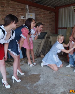 Hunky Farm Boy Is Stripped And Wanked By Four Stunning Milk Maid