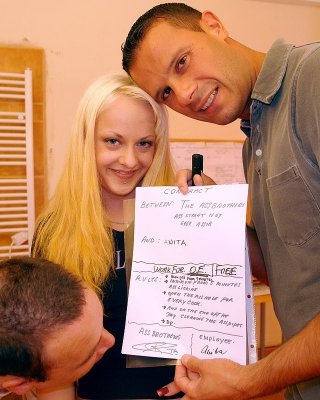 Blonde girl signs a contract to lick two guys asses for cash #68820622