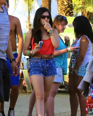 Lucy Hale Wearing Tiny Red Belly Top And Denim Shorts At 2013 Coachella Music An