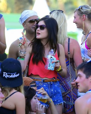 Lucy Hale Wearing Tiny Red Belly Top And Denim Shorts At 2013 Coachella Music An