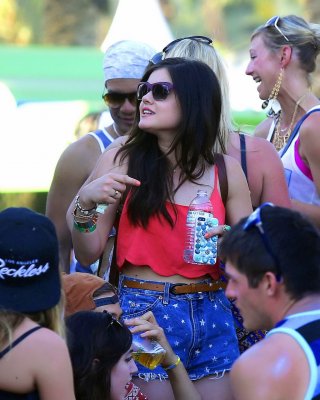 Lucy Hale Wearing Tiny Red Belly Top And Denim Shorts At 2013 Coachella Music An