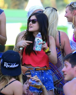 Lucy Hale Wearing Tiny Red Belly Top And Denim Shorts At 2013 Coachella Music An