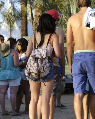 Lucy Hale Wearing Tiny Red Belly Top And Denim Shorts At 2013 Coachella Music An