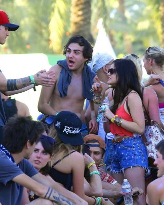 Lucy Hale Wearing Tiny Red Belly Top And Denim Shorts At 2013 Coachella Music An