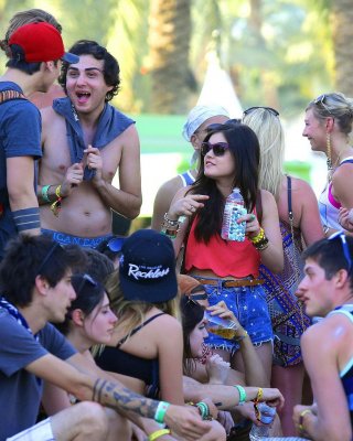 Lucy Hale Wearing Tiny Red Belly Top And Denim Shorts At 2013 Coachella Music An