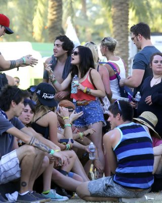 Lucy Hale Wearing Tiny Red Belly Top And Denim Shorts At 2013 Coachella Music An