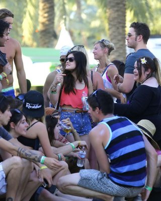 Lucy Hale Wearing Tiny Red Belly Top And Denim Shorts At 2013 Coachella Music An