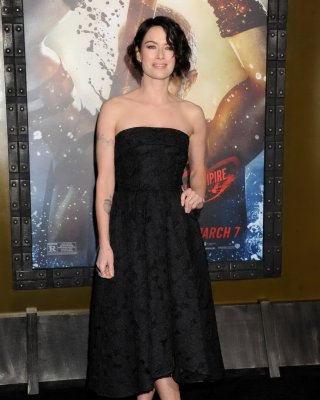 Lena Headey busty wearing black strapless maxi dress at the 300: Rise of an Empi #75202638