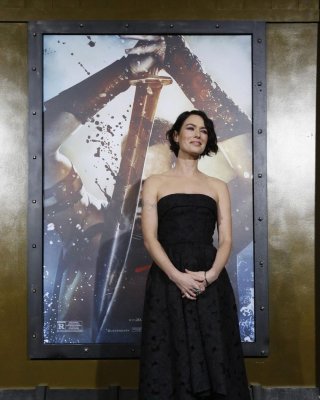 Lena Headey busty wearing black strapless maxi dress at the 300: Rise of an Empi #75202665