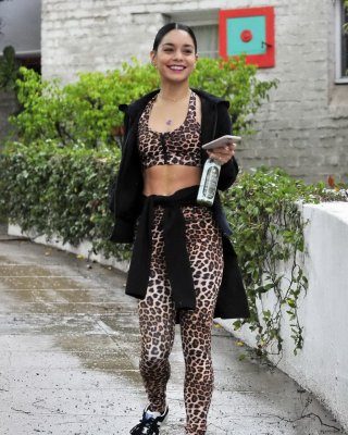 Vanessa Hudgens Looks Hot In Leopard Print Belly Top And Tights At A Rainy Day O