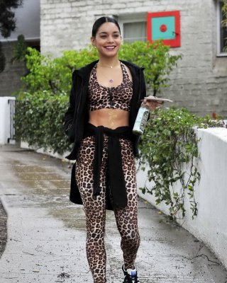 Vanessa Hudgens Looks Hot In Leopard Print Belly Top And Tights At A Rainy Day O