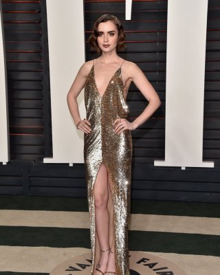 Lily Collins showing sideboob huge cleavage and legs #75145388