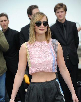 Jennifer Lawrence Wearing See-through To Bra Belly Top And Fancy Pants At The Ch