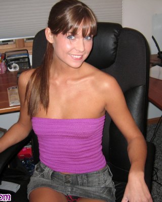 SweetAdri In The Office With A Purple Tube Top And Jean Shorts