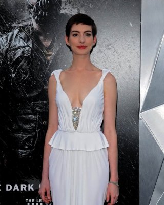 Anne Hathaway Showing Cleavage In White Dress At 'Dark Knight Rises' Premiere In