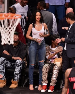 Rihanna Shows Off Her Boobs In Seethru Top At A Basketball Game In NYC