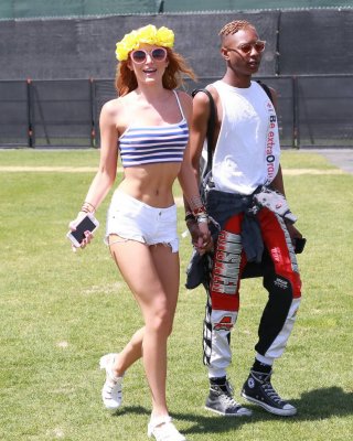 Bella Thorne Leggy And Showing Bare Midriff In Tiny Striped Belly Top And Shorts