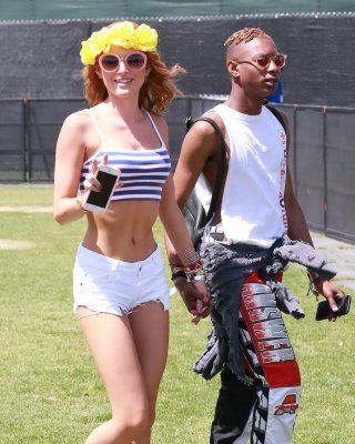 Bella Thorne Leggy And Showing Bare Midriff In Tiny Striped Belly Top And Shorts