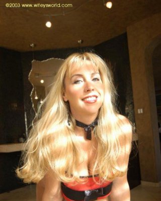 Chesty blonde in a red bustier posing in the bathroom #77685237