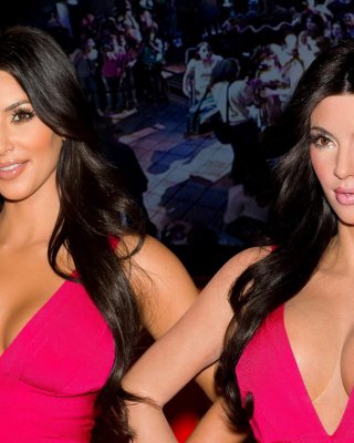 Kim Kardashian Busty In Tight Pink Dress Posing With Her Wax Dummy At Madame Tus