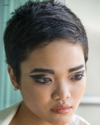 Short-haired model Bee reveals her perky tits at home #61968479