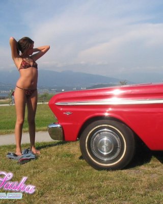 Pictures Of Just Sasha Teasing With Her Bikini And Classic Car