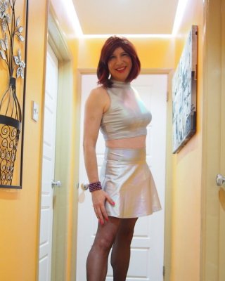 Sissy Lucy showing off her big cock in Silver skater skirt #106893801