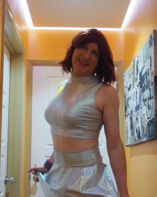 Sissy Lucy showing off her big cock in Silver skater skirt #106893802