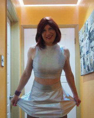Sissy Lucy showing off her big cock in Silver skater skirt #106893803