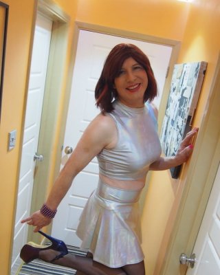 Sissy Lucy showing off her big cock in Silver skater skirt #106893807