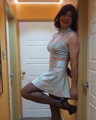 Sissy Lucy showing off her big cock in Silver skater skirt #106893808