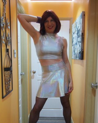 Sissy Lucy showing off her big cock in Silver skater skirt #106893810
