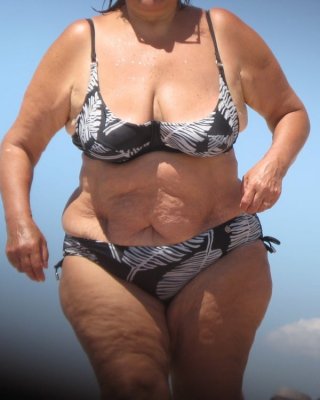 Huge Belly Granny On The Beach