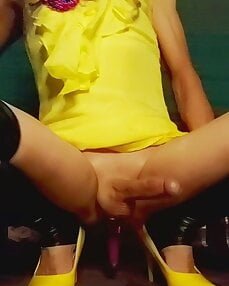 Yellow dress pink panty tail play #107114009