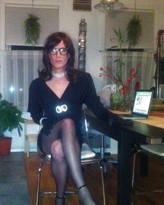 Crossdresser in black party dress, seamed pantyhose #106994087